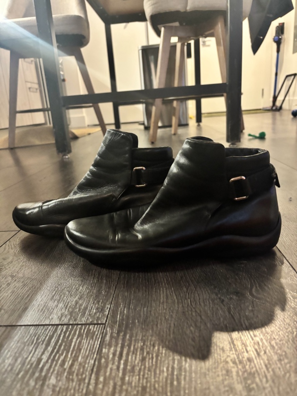 Prada Linea Rossa Black Leather Ankle Boots with Buckle Strap
